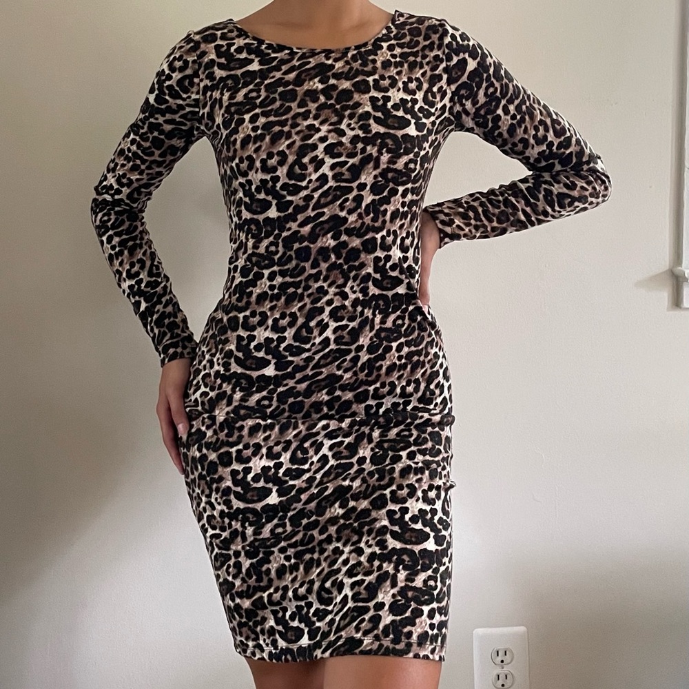 Long Sleeve Cotton High Neck Cheetah Print Bodycon Dress